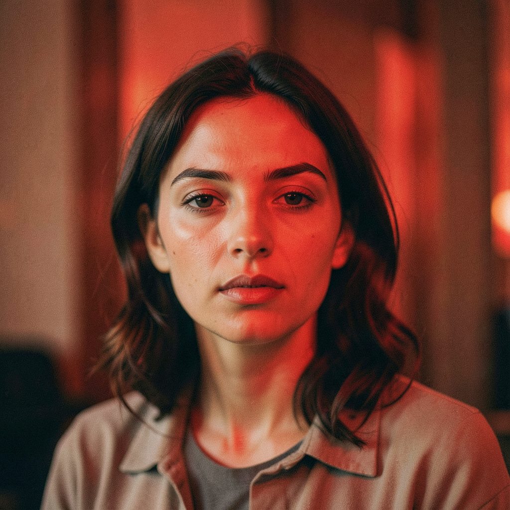 A softly lit portrait of a person with a contemplative expression, set against a muted neutral background with gentle shadows