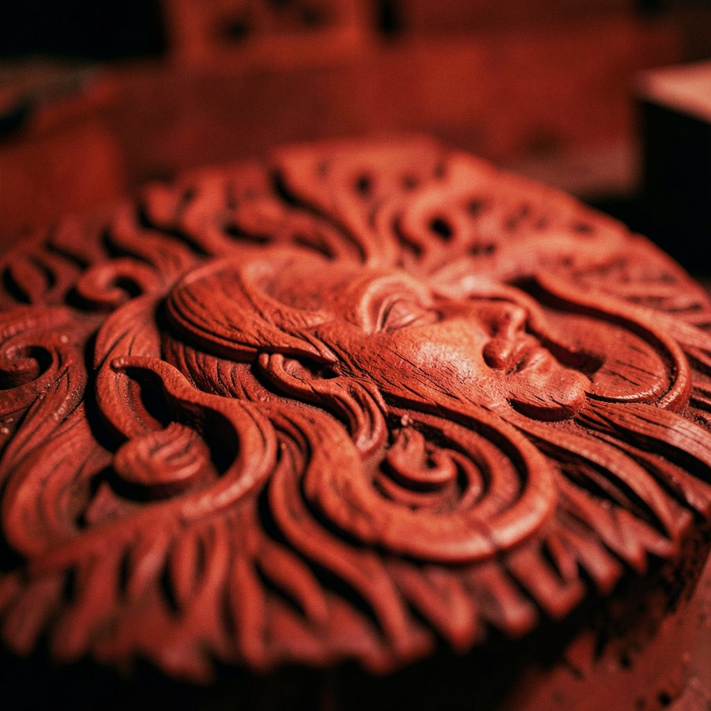 Close-up of a wood carving in progress, warm brown wood shavings curling from a partially shaped block, tools resting nearby in a calm workshop mood