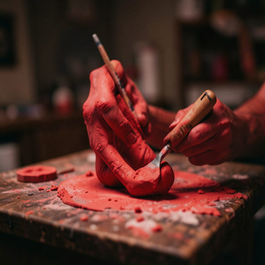 A sculptor's hands shaping clay on a workbench, warm earthy browns and soft studio lighting, shallow focus on the material