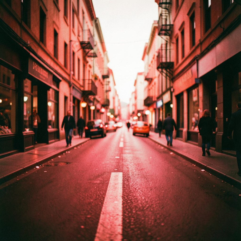 A wide cinematic street scene with warm amber and cool shadow tones, shallow depth of field blurring the background, capturing the energy of urban life and creative culture